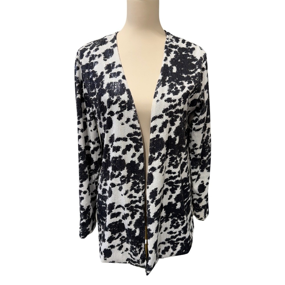 Crazy Train Womens Cow Print Sequin Blazer Open Front‎ Duster Black White Med